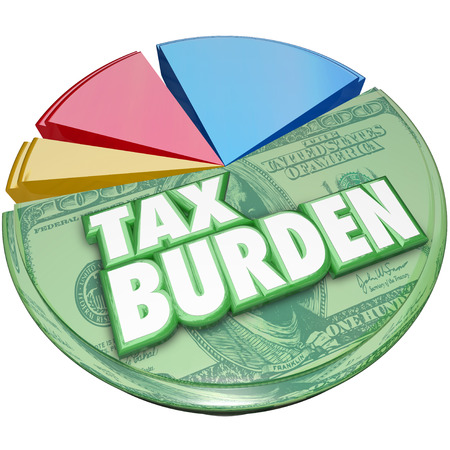 35021326 - tax burden words on a 3d pie chart to illustrate a high percentage of income or revenue owed to the government